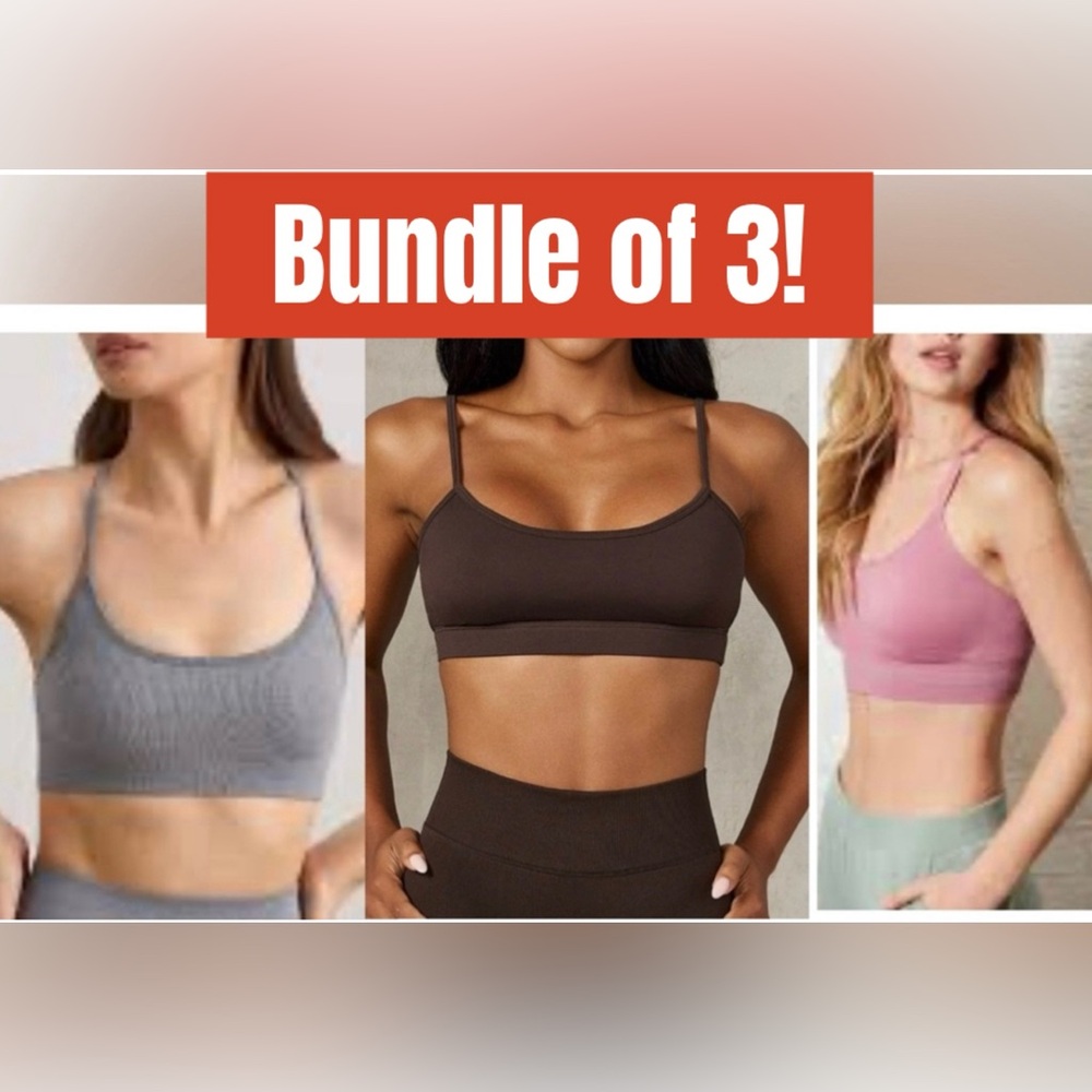 Danskin Set of‎ Three Ribbed Bralettes - Brown, Gray, Pink. Women size L